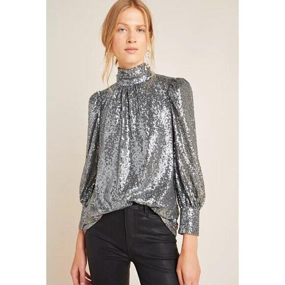 Anthropologie Sunday in Brooklyn Luna Silver Sequined Top Size Medium New - Picture 1 of 13
